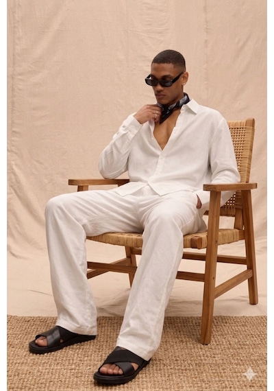 Tarz Cool Erkek Haki Tencel Kumaş Oversize Gömlek Pantolon Takım Rahat Kesim Yazlık Kombin Beyaz