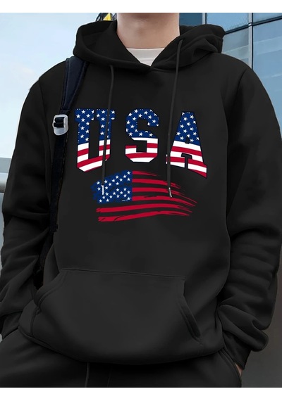 Startmore Tarzsokak Abd Amerika Bayrağı Baskı Erkek Tişörtü Kış Polar Sıcak Kapüşonlular Temelleri Büyük Boy Cep Siyah