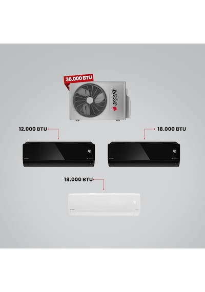 Arçelik 1+3 Multi Sistem 36100 MD Pro Dış Ünite 12 BTU Siyah + 18 BTU Siyah + 18 BTU Beyaz İç Üniteler Duvar Tipi Klima