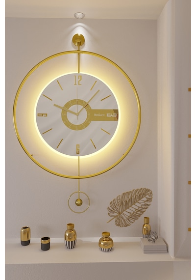 MetaQuartz Aksesuar Büyük Boy(50*75 cm)Gold Elit Three (PİLLİ LED SİSTEMİ) , Modern Dekoratif Metal Duvar Saati