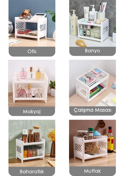 2 Adet 2 Katlı Beyaz Plastik Çok Amaçlı Makyaj Banyo Ofis Raf Organizeri Mıt1280 Beyaz
