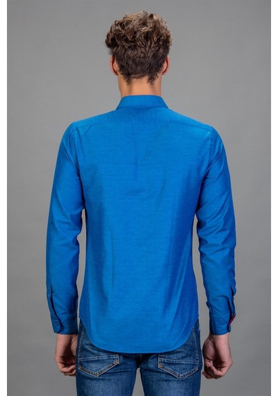 Tudors Slim Fit Dar Kesim Uzun Kol Poplin Oxford Erkek Gömlek-15569 Lacivert