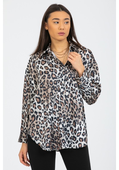 Pera Moda Leopar Desenli Salaş Oversize Saten Gömlek Bej
