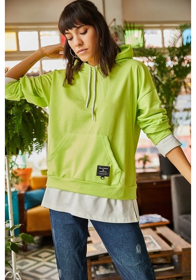Meecy Kadın Fıstık Yeşili Garnili Kapşonlu Salaş Sweatshirt Yeşil Yeşil