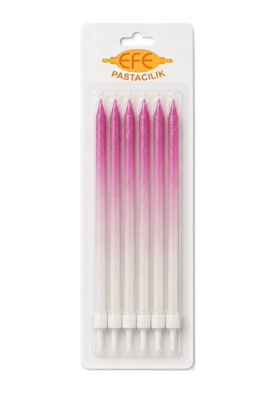 Metalik Beyaz Fuşya Uzun Pasta Mumu 17 Cm Karışık