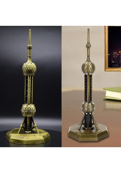 Vintage Metal Shanghai Oriental Pearl Tv Tower Biblo Antik Bronz 14 Cm