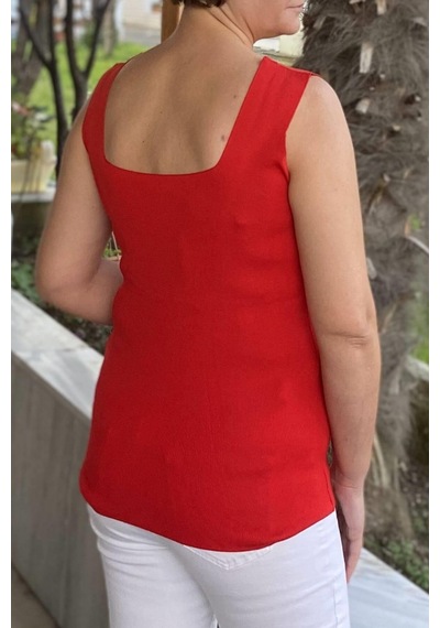 Mia Butik Büyük Beden Kırmızı Kare Yaka Triko Bluz-1341 Kırmızı