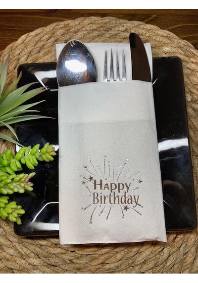 Gümüş Yaldızlı Beyaz Cepli Happy Bırthday Peçete 12 Adet 40x40
