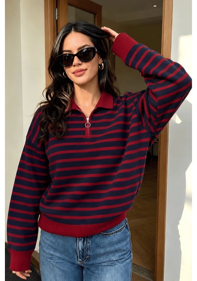 Genius Store Kadın Çizgili Yarım Fermuarlı Polo Yaka Oversize Triko Kazak Yarımfer-triko Bordo