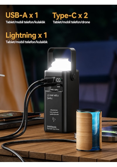 20.000 Mah Powerbank Kamp Lambası Dahili Usb-c & Lightning Kablolu Dijital Göstergeli Pd Hızlı Şarj Taşınabilir
