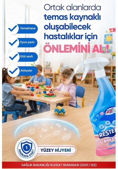 Resteril Bebek Yüzey Temizleyici Durulanmayan Çok Amaçlı Dezenfektan Sprey Mama Sandalyesi Oyun Matı Oyuncak Hijyen Spreyi Baby Kids 750 ML