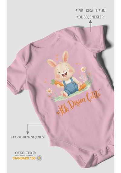 Morivokids İlk Dişim Çıktı Kısa Kollu Bebek Body %100 Pamuk Zbn119-kk Koyu Pembe