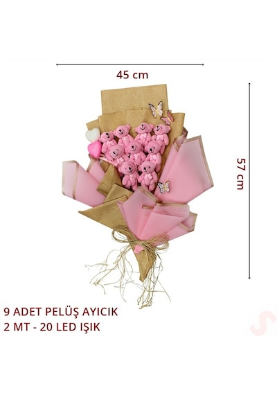 9 Pelüş Ayıcıklı Ve Led Işıklı Buket, 57cm X 45cm - Pembe