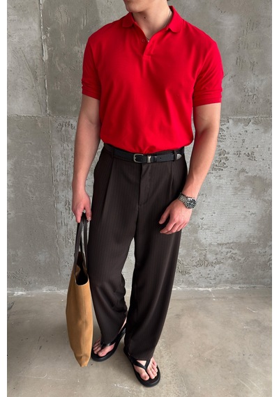 Erkek %100 Pamuk Düğmeli Polo Yaka T-shirt Kırmızı