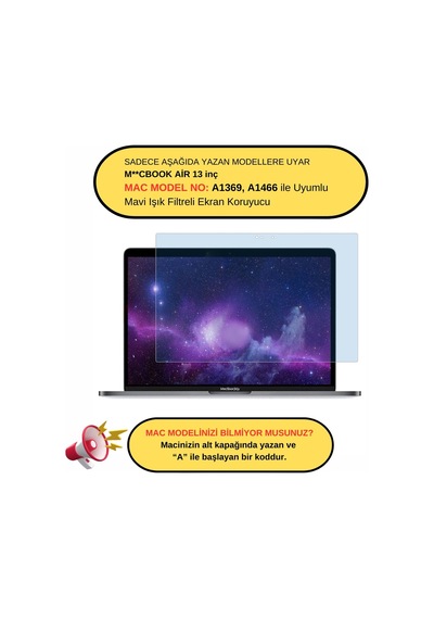 Ekran Koruyucu Apple Uyumlu MacBook Air Anti Blue Ray Eski Usb'li Model 2010-2017 A1369 A1466 İle