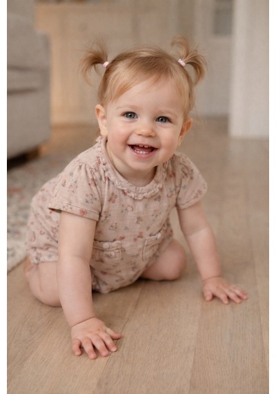 Babyhola Kız Bebek Kısa Müslin Tulum  Pamuk Çiçek Baskılı 12049 Bej