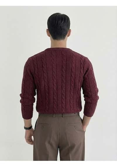 Erkek Bordo Bisiklet Yaka Slim Fit Saç Örgülü Triko Kazak Bordo