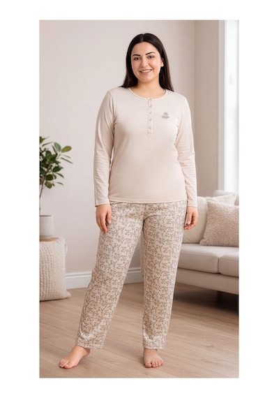 Flz Kadın Kışlık Viskon Pijama Takımı M L Xl Xxl Uzun Kollu Boydan Düğmeli Şık Ev Giyimı B89-100 SOMON