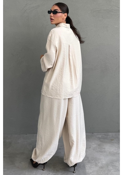 Madmext Bej Oversize Gömlek Balon Pantolon Kadın Takım Mg2779