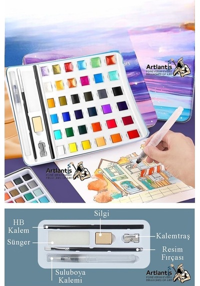 Tablet Sulu Boya 36 Renk Teneke Kutu 1 Paket 36 Lı Taş Sulu Boya Çıkarılabilir Tablet Suluboya Resim Hobi Sanat