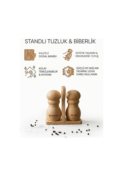 Kamptek Ahşap Bambu Tuzluk Ve Biberlik Seti - Kalp Standlı Tasarım Dekor Sunum Tuzluk Biberlik Turuncu