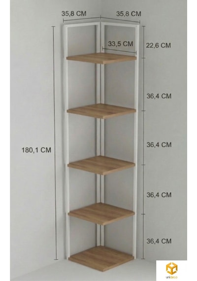 Ela 5 Raflı Metal Köşe Kitaplık Rafı Dekoratif Aksesuar Rafı 180 Cm Beyaz - Çam