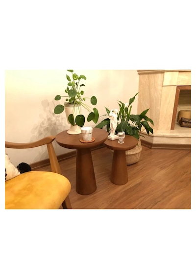 Wood Wooden Ahşap 2'li Set Fitilli Mantar Yan Sehpa Koyu Ceviz