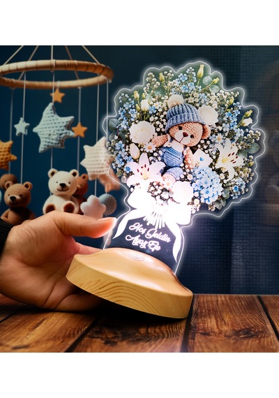 Yeni Doğan Erkek Bebek Hediyesi Mavi Ayıcıklı Işıklı Çiçek Buketi Led Lamba - Kişiye Özel Hoş Geldin Bebek Hediyesi Mavi Ayıcıklı Çiçek