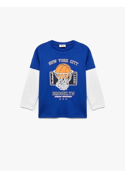 Koton Uzun Kollu Bisiklet Yaka Basketbol Baskılı Pamuklu Tişört Saks 6wkb10036tk Saks Mavi
