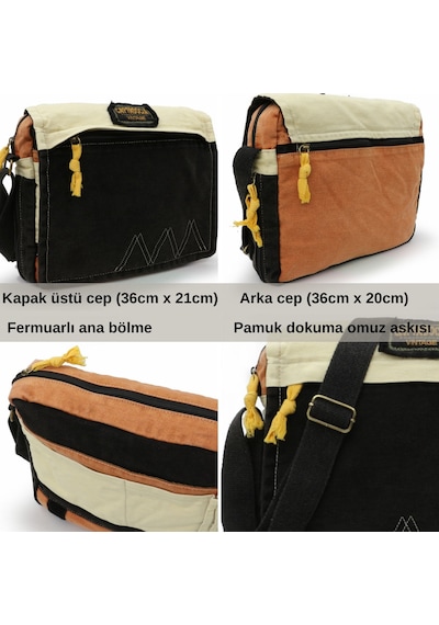 Cappadocia Vintage Omuz Postacı Siyah Bej 14 İnç Laptop Çantası Siyah - Altın