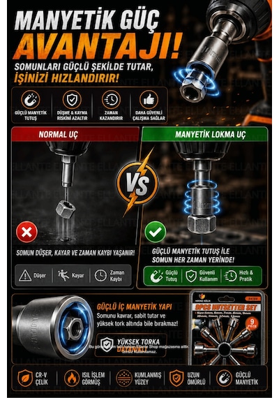 9 Parça Manyetik Somun Lokma Uç Seti 5-13 Mm Cr-v Çelik Matkap Ve Akülü Vidalama Uyumlu Hex Lokma Uç
