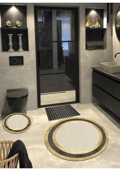 Aronya - Krem, Pamuk Dokuma Taban Yuvarlak Banyo Halısı 100x100-60x60-40x60 Cm 3 Lü Set Arb8072 Krem