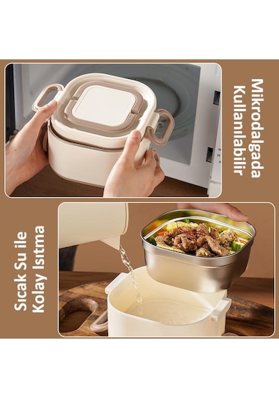 Valkyrie 1300 Ml 2 Katlı Paslanmaz Çelik Yemek Kabı Termal Taşıma Çantalı, Sızdırmaz, Bpa İçermez Krem