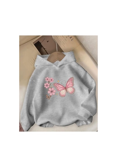 Herkesemoda Kelebek Ve Çiçek Baskı Detaylı İçi Polarlı Kapüşonlu Sweatshirt Gri