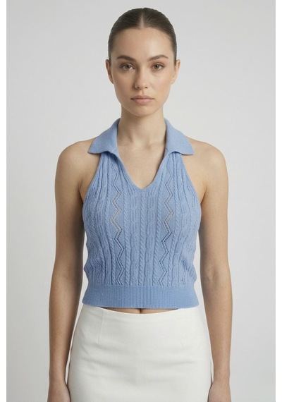 Neden Tekstil Kadın Polo Yaka Sırt Dekolteli Crop Bluz - Mavi