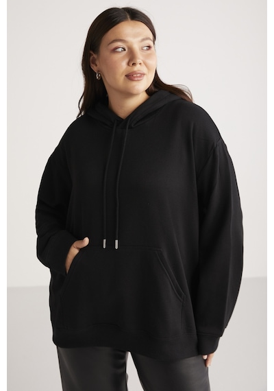 ETHIQUET TEREZABB Kadın Içi Polarlı Yumuşacık Comfort Fit Kapüşonlu Kanguru Cep Siyah Büyük Beden Sweatshirt