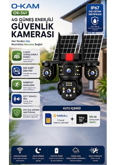 Okam Ok-341 Premium 4g Güvenlik Kamerası + 64gb Hafıza Kartı Ve 1 Yıllık Turkcell Sim Kart