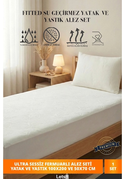 Premium Sıvı Geçirmez Tek Kişilik Alez + Yastık Alezi Seti Ultra Sessiz Fitted Yatak & Fermuarlı Y Çok Renkli