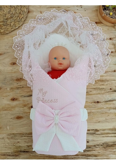 Bal Peteği My Princess Taç Nakış İnci Fiyonklu Dantel Duvaklı Delüks Kundak Bebek Battaniyesi Pembe