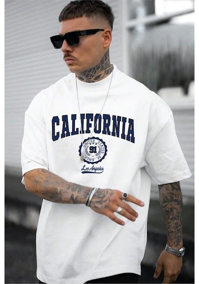 Hırsch Unisex Beyaz California Baskılı Oversize T-shirt BEYAZ