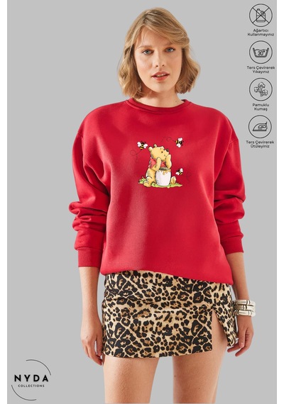 Unisex Uzun Kollu Winnie The Pooh Baskılı Bisiklet Yaka Kapüşonsuz Şardonlu Oversize Sweatshirt Kırmızı