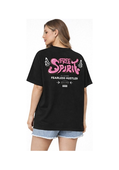 Herkesemoda Free Spirit Yazı Detaylı Basic T-shirt Siyah