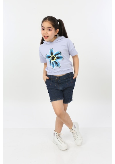 Toontoy Kids Toontoy Kız Çocuk Önü Çiçek Baskılı Tişört Mavi