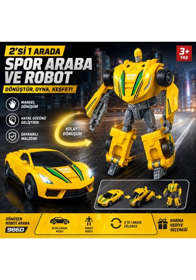 Dönüşen Robot Araba 2'si 1 Arada Spor Araba Ve Robot Oyuncak Manuel Dönüşüm - Sarı