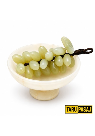 Feng Shui Bereket Üzümü Ve Van Taşı Ayaklı Çanak Seti 30 Taneli Doğal Taş Üzüm Salkımı Dekor 5 İnç El Yapımı Çanak Yeşil
