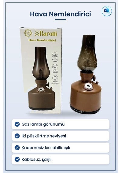 Hava Nemlendirici Gaz Lambaı Görünümlü Kablosuz Şarjlı Kısılabili