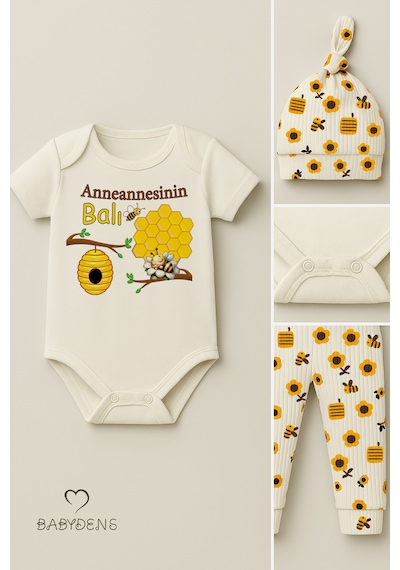 Babyden's 3 Lü Yenidoğan Takım Anneannesinin Balı Baskı Kısa Kol Body Arı Çiçek Desenli Pantolon Bere Ekru