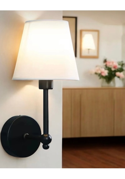 Modern Kablosuz Duvar Aplik Lampe Pilli Aplik Mat Siyah Pil İle Çalışır Krem Abajur Siyah