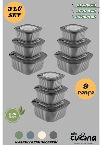 9'lu Mikrodalga Ve Difriz Kullanımına Uygun Vakumlu Vıp Saklama Kabı Çeyiz Seti 3x 600-1100-1800 Ml Antrasit