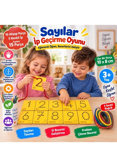 Eğitici Ahşap Sayılar Ip Geçirme Montessori El Kası Geliştirme
